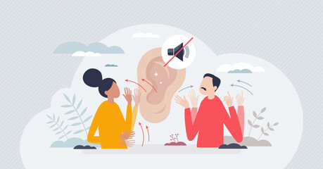 Sign language and hand communication signals for deaf tiny person concept. Finger motion and gestures for people with hearing loss disorder vector illustration. Symbolic understanding instrument. © VectorMine