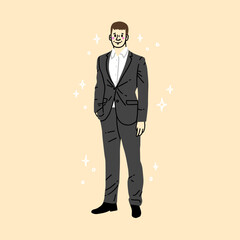 Elegant handsome groom in smoking jacket and bowtie. standing and posing. Sketch silhouette of man for invitation or banner. Vector fashion illustration of fiance.Hand drawn in thin line style - obrazy, fototapety, plakaty