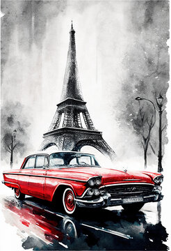 Vintage red car on black and white Paris with Eiffel Tower. Generative AI