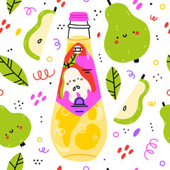 Summer pear lemonade seamless pattern. Soft drinks in glass with soda and lemonade. Doodle pear and abstract elements. Kawaii illustration. Childish style for printing fabrics, wallpaper, menu