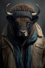 Fototapeta na wymiar Bison wearing fashion urban streetwear..Generative AI