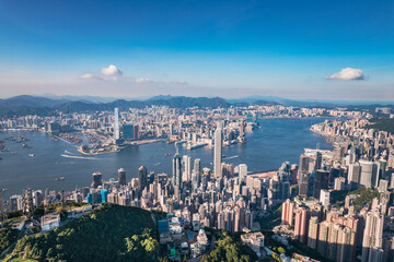 epic panorama of the Victoria Harbour and commercial area of Hong Kong