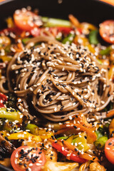Appetizing noodles with vegetables sprinkled with sesame seeds on an orange background. food photography