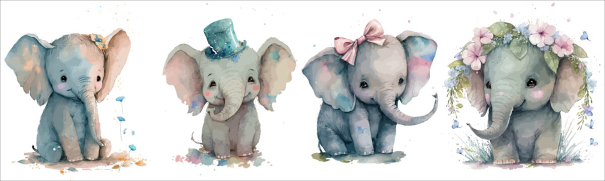 Naklejka Set of elephants with a wreath on their heads, a bow, a hat in watercolor style. Isolated vector illustration