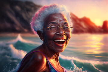 Generative ai grey hair mature black woman wearing swimsuit smiling happy outdoors sea bathing