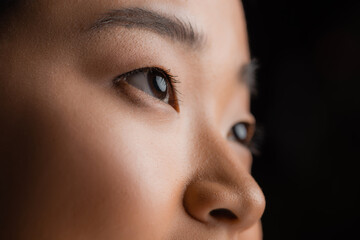 partial view of asian woman with perfect skin and natural makeup isolated on black.