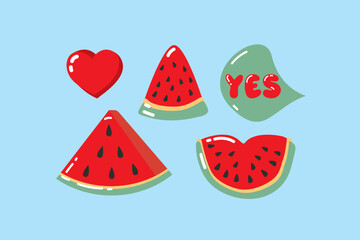 Valentine's day illustrations. Set of different hand drawn love elements. Holiday concept. Variety of isolated Valentine stickers for print. Heart, Watermelon, Speech bubbles with text, yes