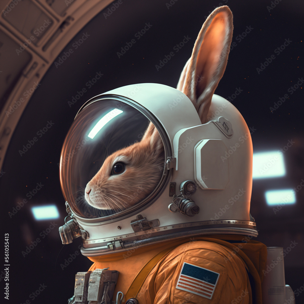 Wall mural generative ai rabbit astronaut in cosmonaut suit exploring outer space universe