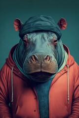 Hippopotamus wearing fashion urban streetwear..Generative AI - 561055628