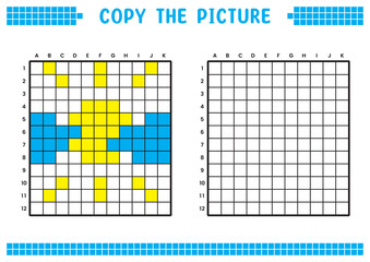 Copy the picture, complete the grid image. Educational worksheets drawing with squares, coloring cell areas. Children's preschool activities. Cartoon vector, pixel art. Cloudy sun illustration.