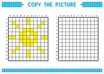 Copy the picture, complete the grid image. Educational worksheets drawing with squares, coloring cell areas. Children's preschool activities. Cartoon vector, pixel art. Bright sun illustration.