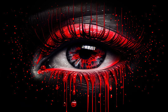 An eye crying with red ink close-up.  
Digitally generated AI image