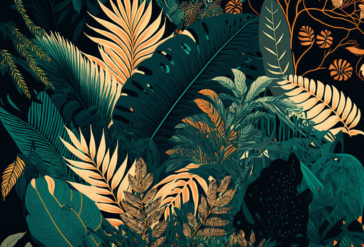Naklejki Tropical art nouveu, art deco leaf print design. Generative ai