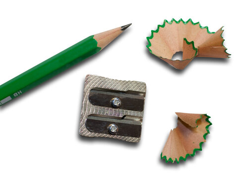 
A pencil sharpener with a sharpened pencil and pencil shavings cut out on a transparent background