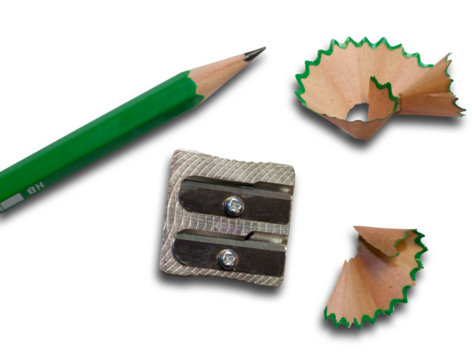 
A pencil sharpener with a sharpened pencil and pencil shavings cut out on a transparent background