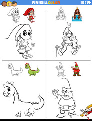 drawing and coloring worksheet with fantasy characters