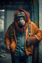 Orangutan wearing fashion urban streetwear..Generative AI