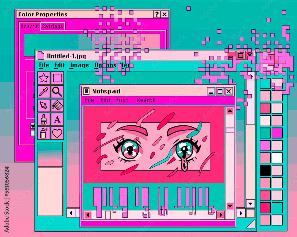 Poster Screen of a computer with open tabs and a video player that shows anime. Vector illustration in collage vaporwave city-pop style.