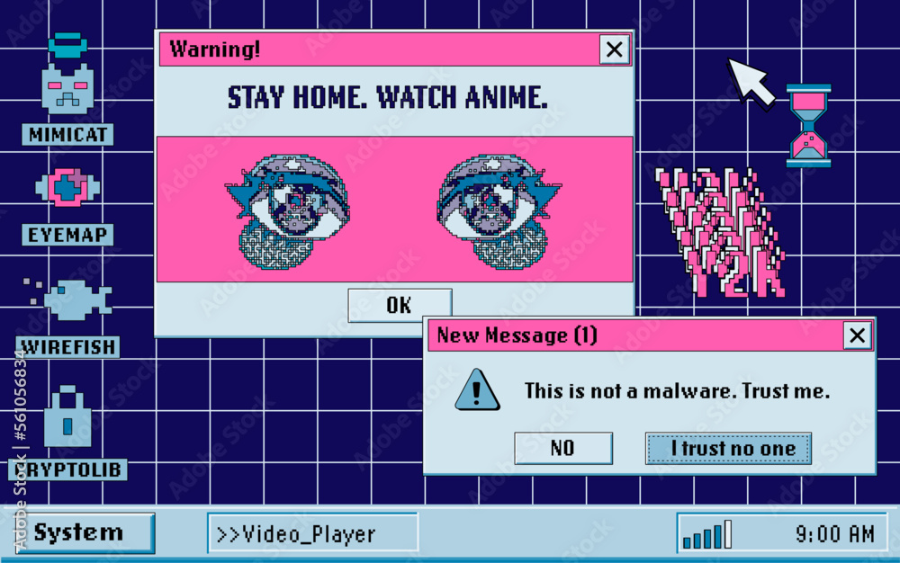 Poster Screen of a computer with open tabs and a video player that shows anime. Vector illustration in collage vaporwave city-pop style.