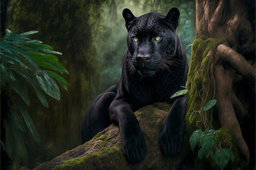 Naklejka na ściany i meble a black panther sits on a tree in the jungle. Generative AI