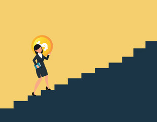 Solution and success concept. business woman holding a big coin walking up the stairs