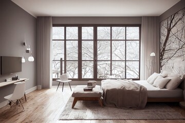Fototapeta na wymiar Winter luxury bedroom modern with tree art and snow views Made with Generative AI