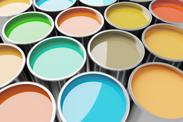 Buckets of multi coloured paint, 3d rendering. Digital illustration of vibrant dye for reconstruction or paintwork