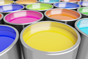 Buckets of multi coloured paint, 3d rendering. Digital illustration of vibrant dye for reconstruction or paintwork