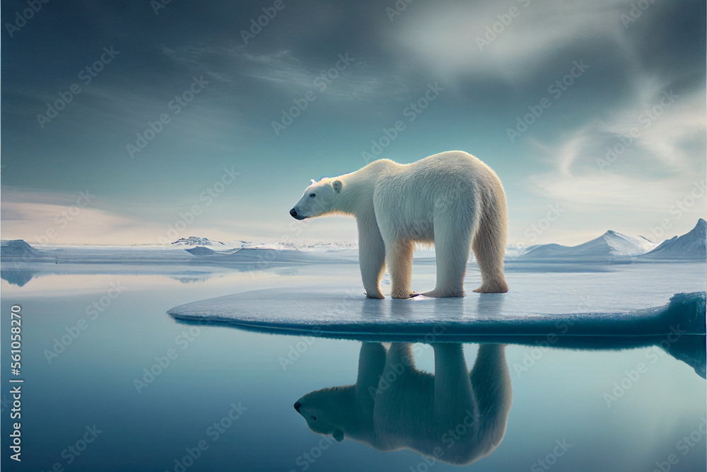 Wall mural a polar bear stands on an ice floe in bright light. generative ai
