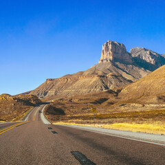 Guadalupe Mountains National Park landscape near El Captain Viewpoint on Route 62 in Salt Flat, Dell City, Texas, USA, square retro-style autumn road scenery with golden grasses