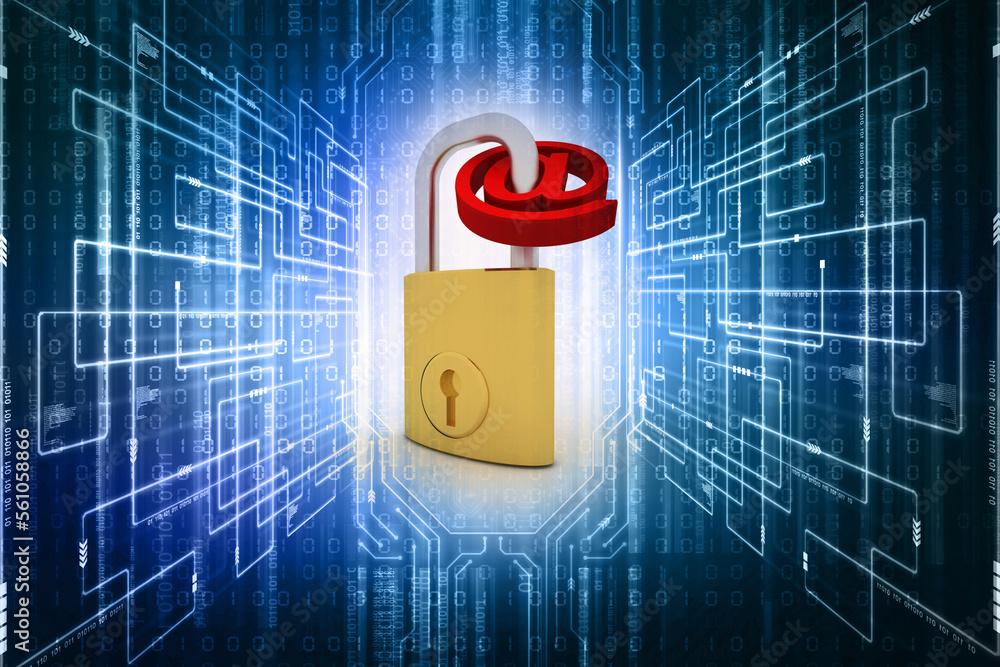 Poster 3d rendering e-mail symbol with lock. internet security concept