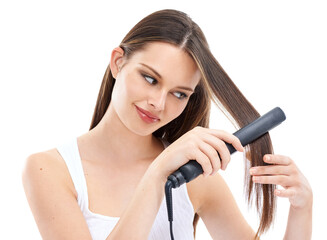 Woman, hair with hair straightener and beauty with hair care, electric cosmetic tools against...