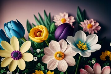 Variety of colorful spring flowers background. 3D Illustration