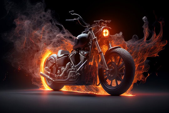 Burning chopper bike made of fire, smoke and sparks on black background.  
Digitally generated AI image. 