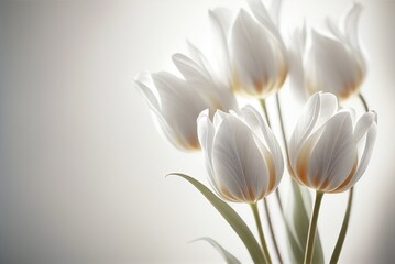 Naklejka premium Beautiful white tulips on white background with copy space. White spring flowers. 3D Illustration