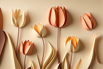 Tulips and spring flowers made from paper. Spring concept background. Paper art. 3D Illustration