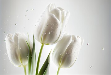 Beautiful white tulips on white background. White spring flowers. 3D Illustration