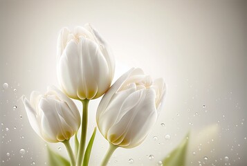 Beautiful white tulips on white background with copy space. White spring flowers. 3D Illustration
