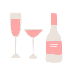 valentines day vector illustration in flat cartoon style, heart, love, house, pink tree, cat, gift, flowers, bouquet, party cart, champagne, bottle, glass, cocktail, cake, letter, balls