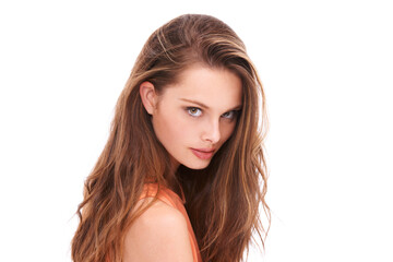 Naklejka premium Hair, beauty and portrait of woman in studio for wellness, hygiene and grooming on white background. Haircare, face and girl model confident, beautiful and posing with beautiful hair and glow