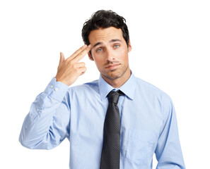 Portrait of businessman, gun gesture and unhappy work environment with depression and stress on white background. Mental health, frustrated sad worker and man with hand sign shooting head for anxiety