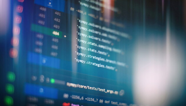 Programming code on computer screen. Software development. Writing program code on computer.