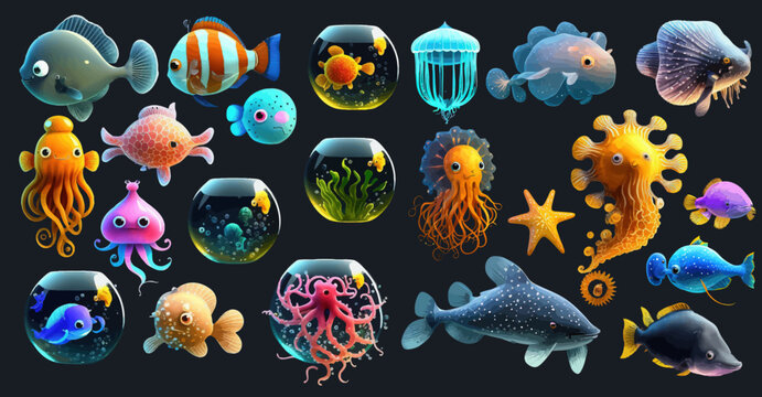 Cute sea fantastic, magical animals. Vector cartoon characters are isolated on a blue background. Cartoon set of aquarium characters. Vector illustration
