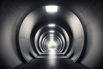 Dark Concrete Underground Tunnel Corridor: A Cement and Asphalt Hallway with White LED Lights and a Metal Structure - A Realistic 3D Rendering of an Empty Warehouse Tunnel