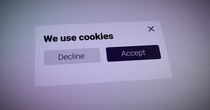 Mouse Cursor Clicking Accept Cookies notification on a Website. Cookie consent banner. Pixelated computer screen background effect. Concept: personal data protection message
