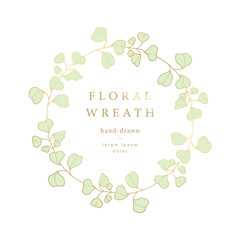 Elegant luxury floral frame. Hand drawn gold green logo template in line art with flowers. Vintage botanical wreath. Vector illustration for labels, corporate identity, wedding invitations