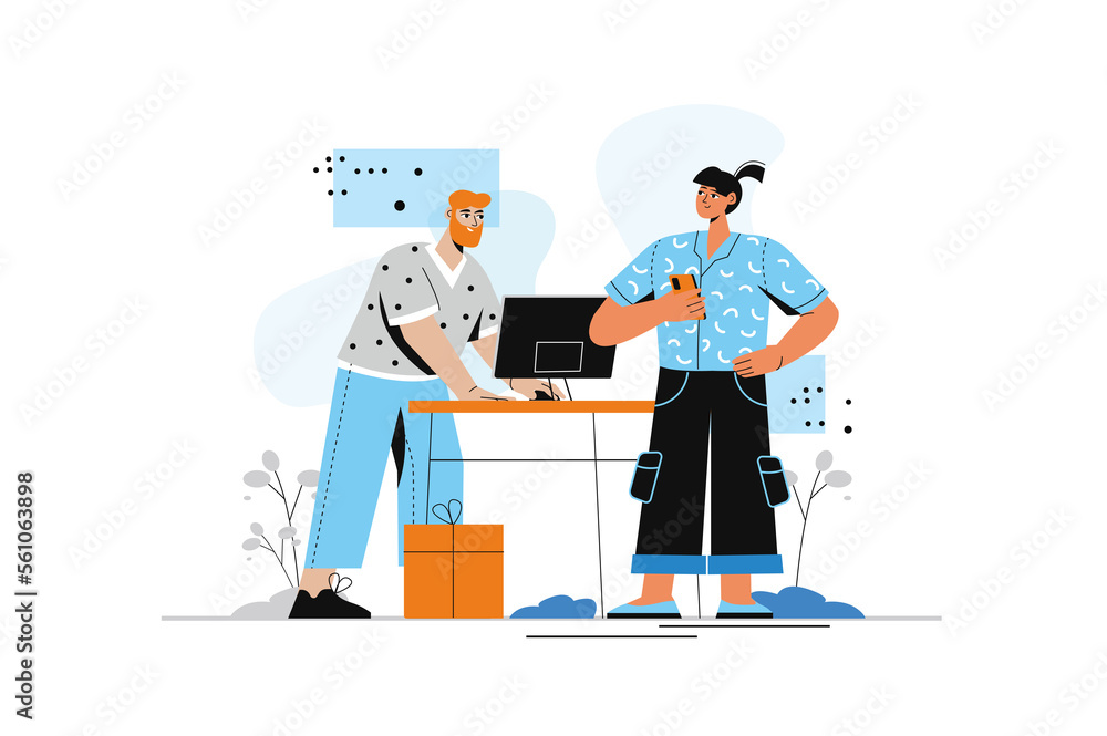 Poster post in social media concept with people scene in flat style. man and woman making new posts and sha