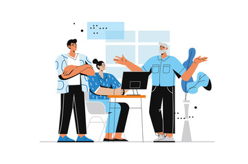 Business meeting concept with people scene in flat style. Man and woman sitting at table with laptop and discussing ideas and brainstorming in office. Illustration with character design for web