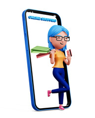 Happy women with phone, Easy online Shopping, 3d rendering