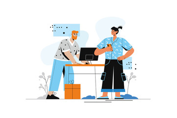 Post in social media concept with people scene in flat style. Man and woman making new posts and sharing content with followers in personal blogs. Illustration with character design for web